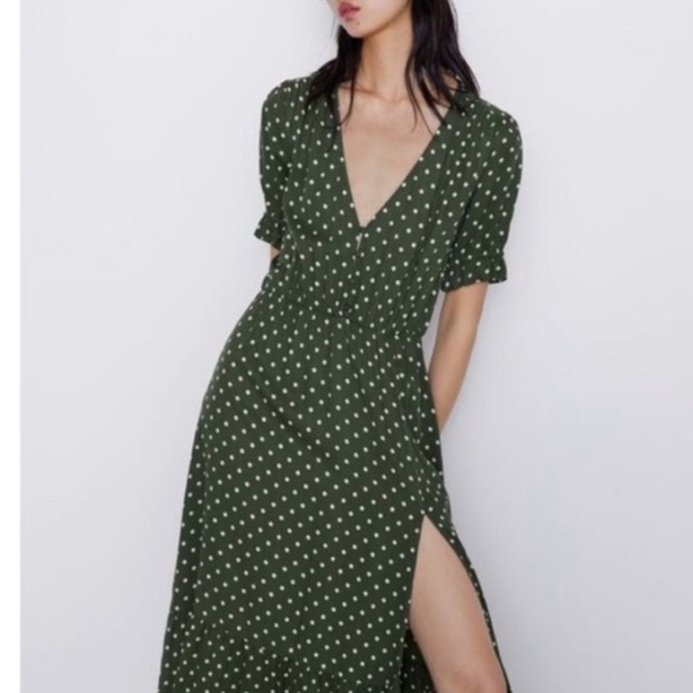 NEW Zara Dark Green Polka Dot Midi Dress
